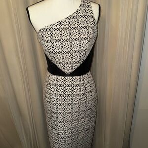 Theia Black and White One Shoulder Sheath Dress